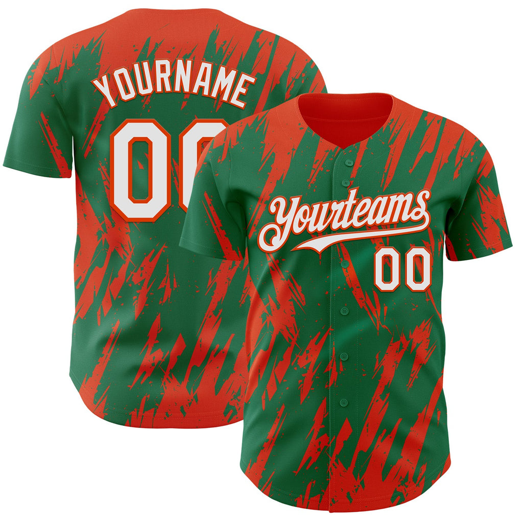 Custom Kelly Green White-Orange Splatter Torn Sharp Brush Stroke Authentic Baseball Jersey