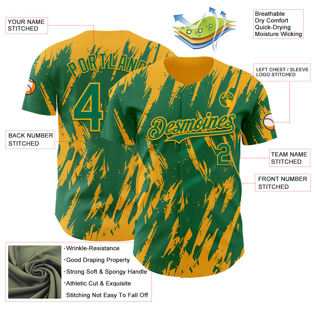 Custom Kelly Green Gold Splatter Torn Sharp Brush Stroke Authentic Baseball Jersey