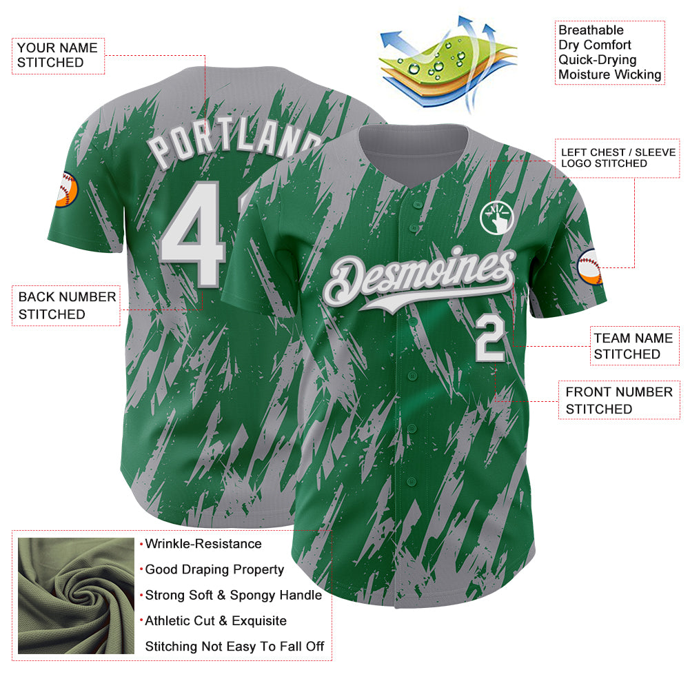 Custom Kelly Green White-Gray Splatter Torn Sharp Brush Stroke Authentic Baseball Jersey