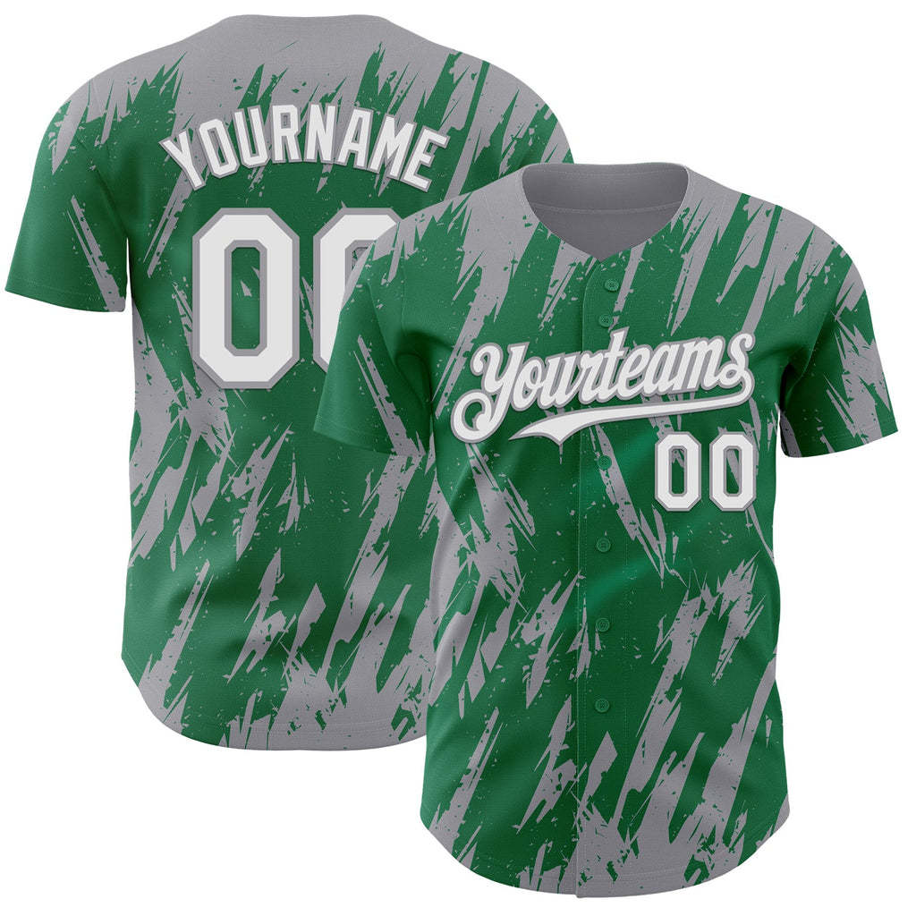 Custom Kelly Green White-Gray Splatter Torn Sharp Brush Stroke Authentic Baseball Jersey