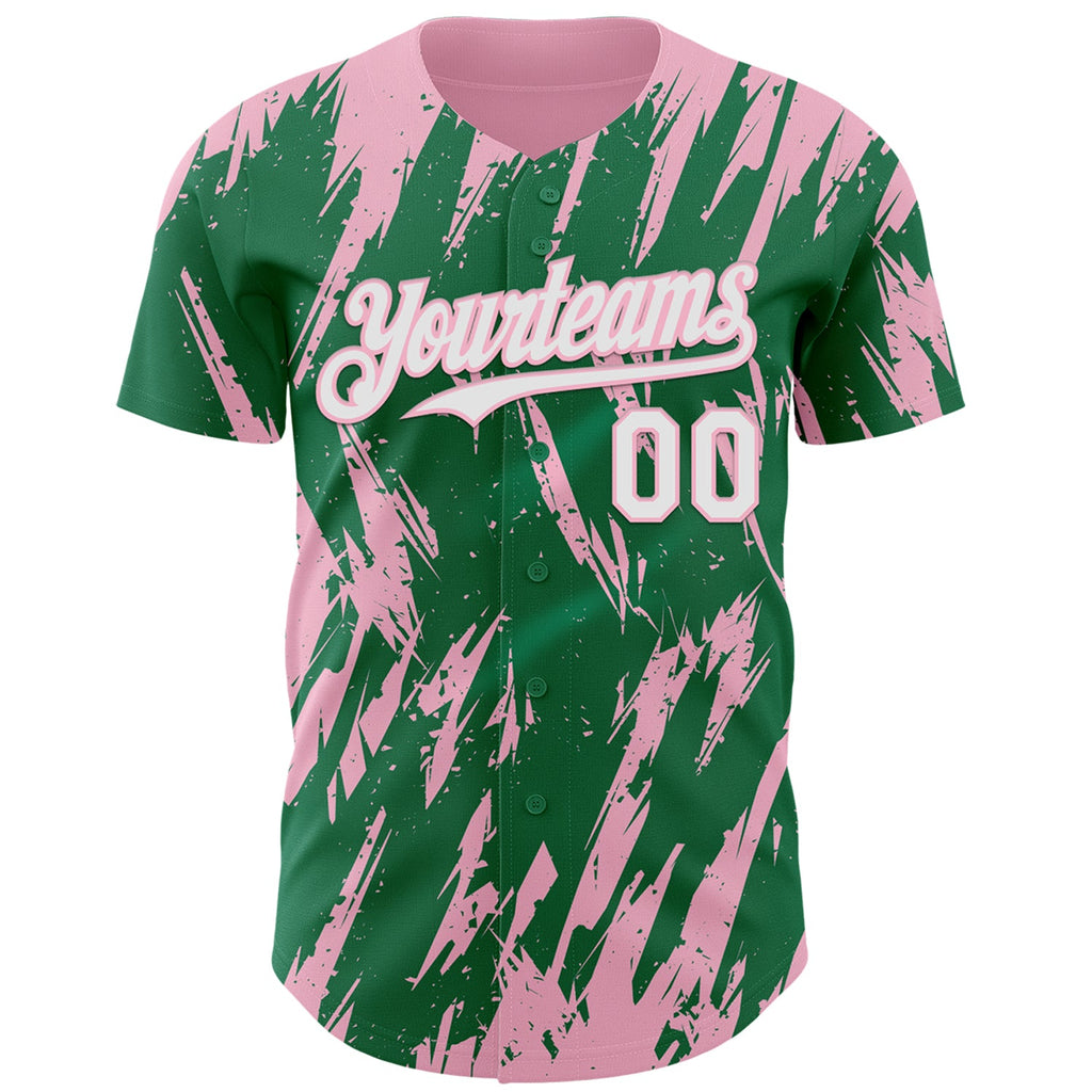 Custom Kelly Green White-Light Pink Splatter Torn Sharp Brush Stroke Authentic Baseball Jersey