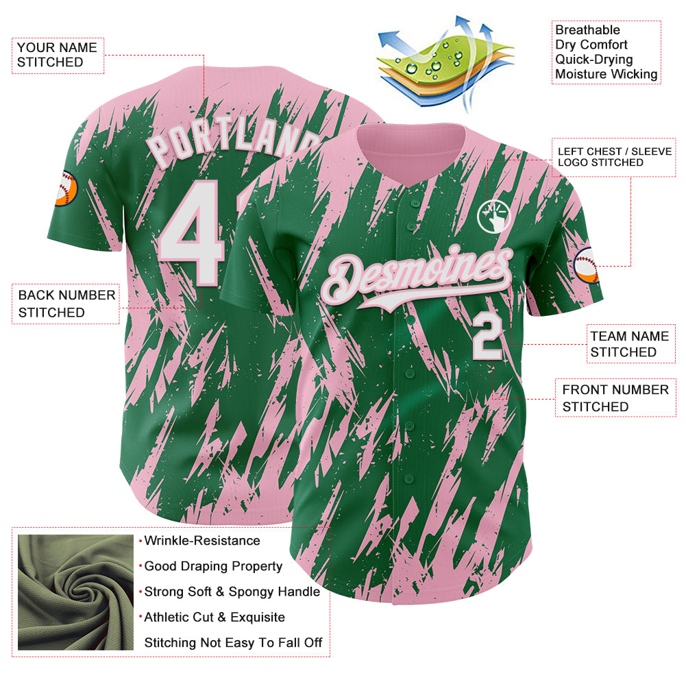 Custom Kelly Green White-Light Pink Splatter Torn Sharp Brush Stroke Authentic Baseball Jersey
