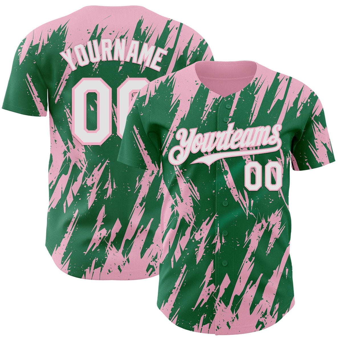 Custom Kelly Green White-Light Pink Splatter Torn Sharp Brush Stroke Authentic Baseball Jersey