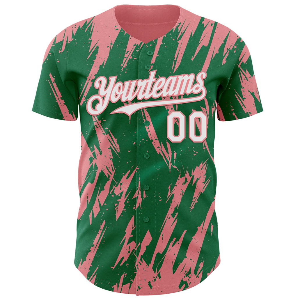 Custom Kelly Green White-Medium Pink Splatter Torn Sharp Brush Stroke Authentic Baseball Jersey