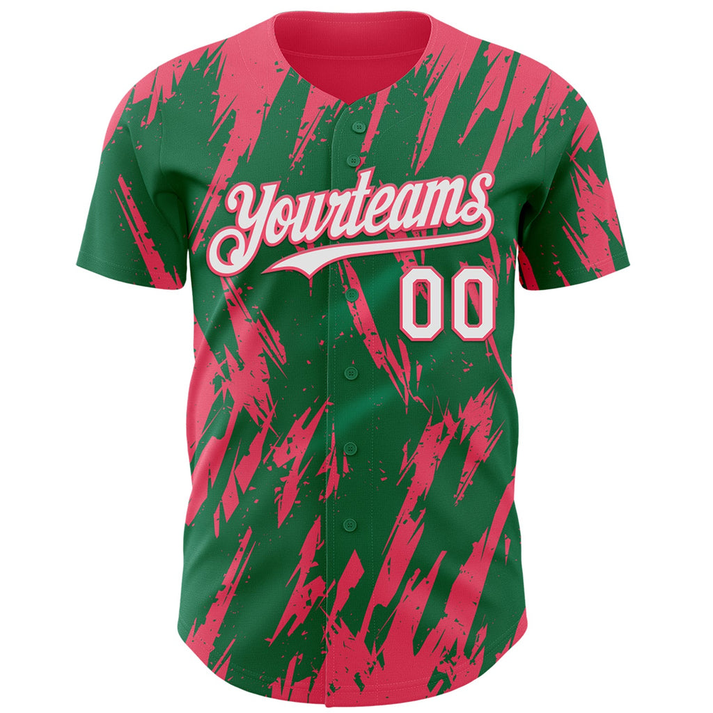 Custom Kelly Green White-Neon Pink Splatter Torn Sharp Brush Stroke Authentic Baseball Jersey