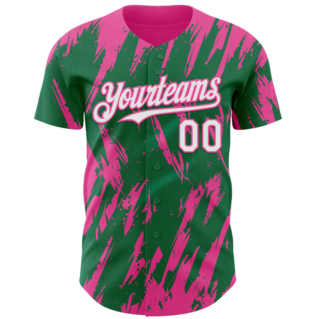 Custom Kelly Green White-Pink Splatter Torn Sharp Brush Stroke Authentic Baseball Jersey