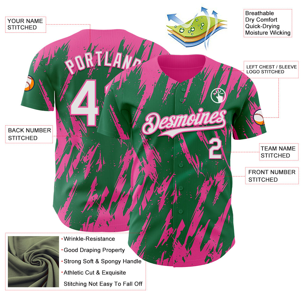 Custom Kelly Green White-Pink Splatter Torn Sharp Brush Stroke Authentic Baseball Jersey