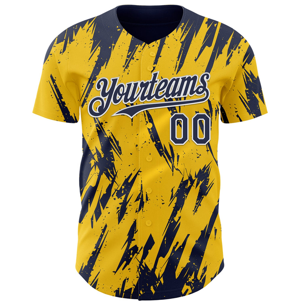 Custom Yellow Navy-White Splatter Torn Sharp Brush Stroke Authentic Baseball Jersey