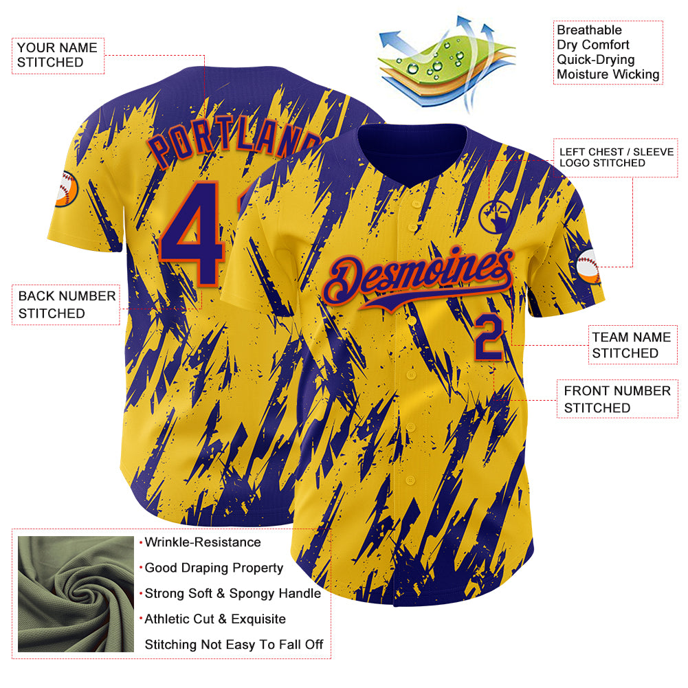 Custom Yellow Dark Purple-Orange Splatter Torn Sharp Brush Stroke Authentic Baseball Jersey