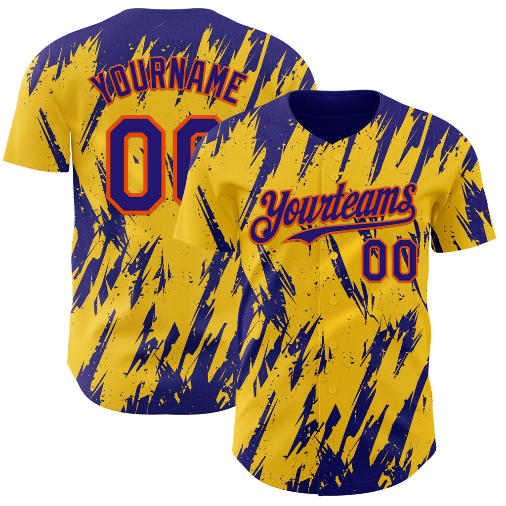 Custom Yellow Dark Purple-Orange Splatter Torn Sharp Brush Stroke Authentic Baseball Jersey