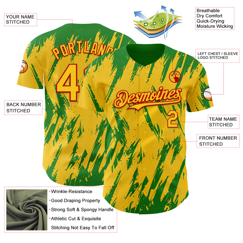 Custom Yellow Red-Grass Green Splatter Torn Sharp Brush Stroke Authentic Baseball Jersey