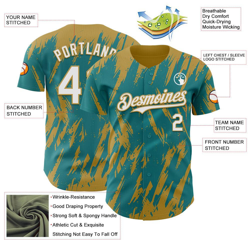 Custom Teal White-Old Gold Splatter Torn Sharp Brush Stroke Authentic Baseball Jersey