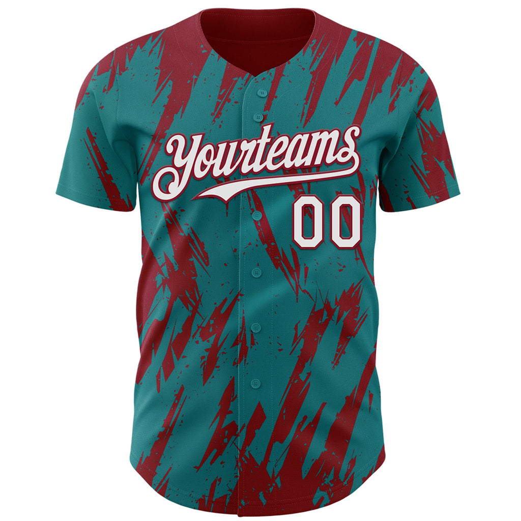 Custom Teal White-Crimson Splatter Torn Sharp Brush Stroke Authentic Baseball Jersey