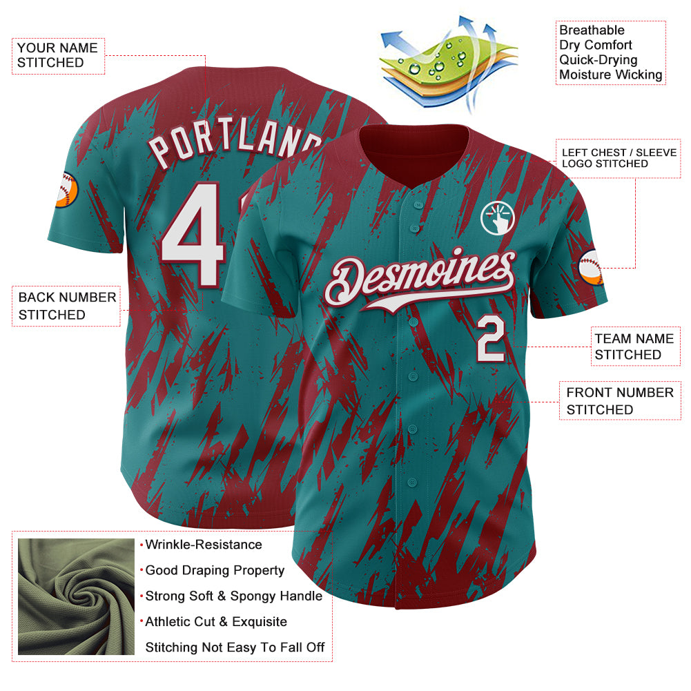 Custom Teal White-Crimson Splatter Torn Sharp Brush Stroke Authentic Baseball Jersey