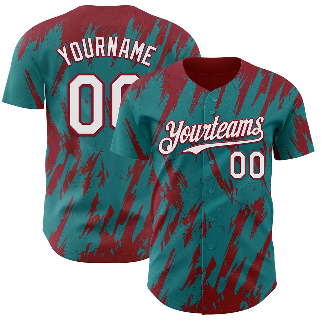 Custom Teal White-Crimson Splatter Torn Sharp Brush Stroke Authentic Baseball Jersey