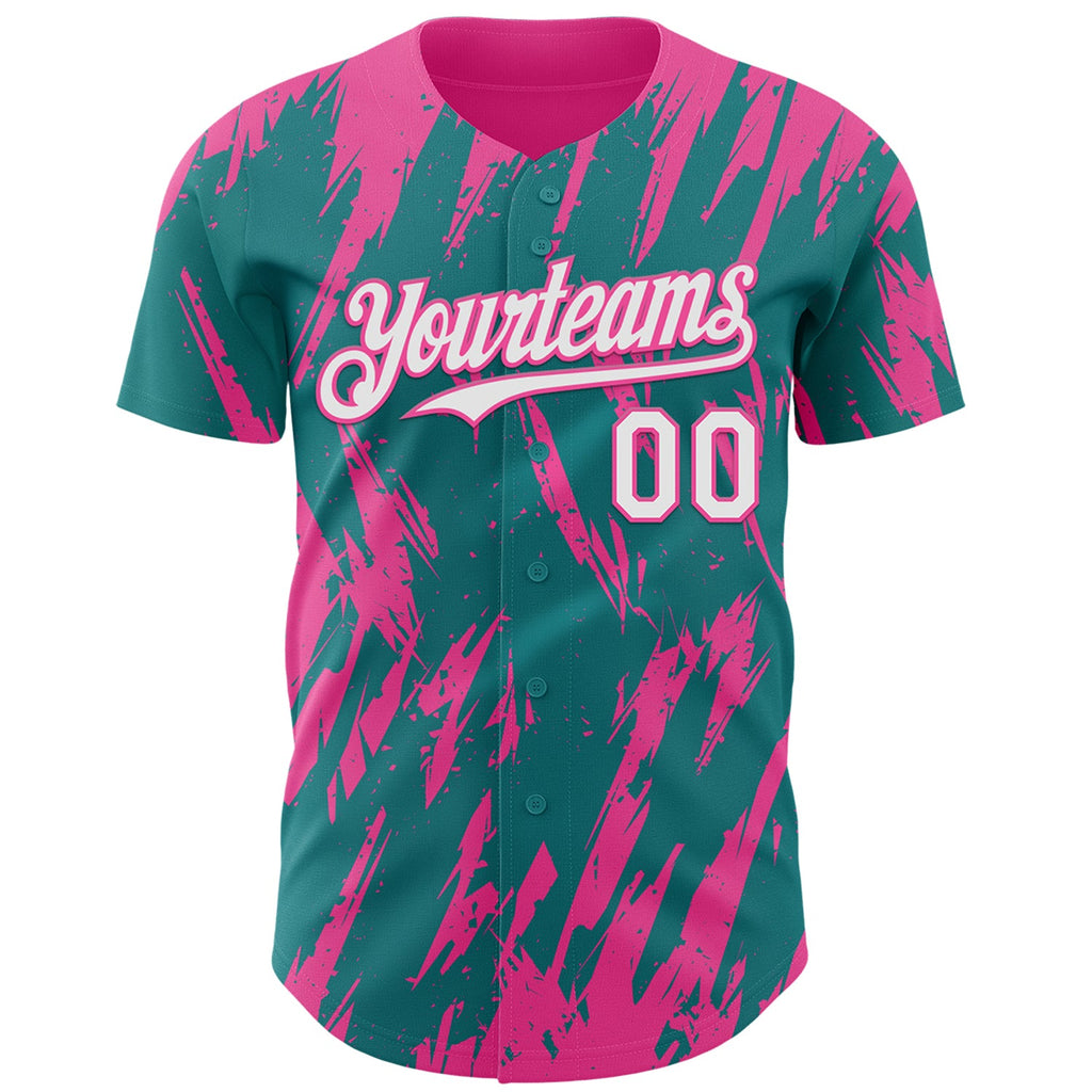 Custom Teal White-Pink Splatter Torn Sharp Brush Stroke Authentic Baseball Jersey