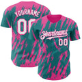 Custom Teal White-Pink Splatter Torn Sharp Brush Stroke Authentic Baseball Jersey