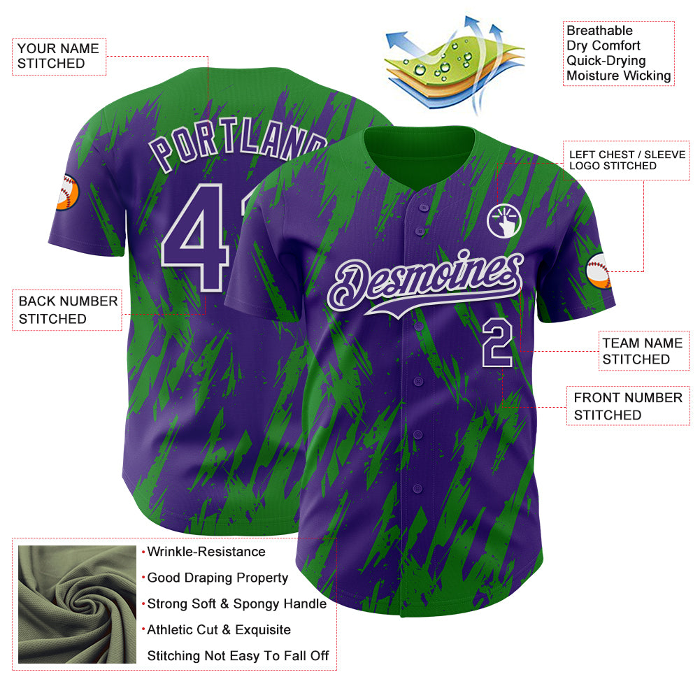 Custom Purple White-Grass Green Splatter Torn Sharp Brush Stroke Authentic Baseball Jersey