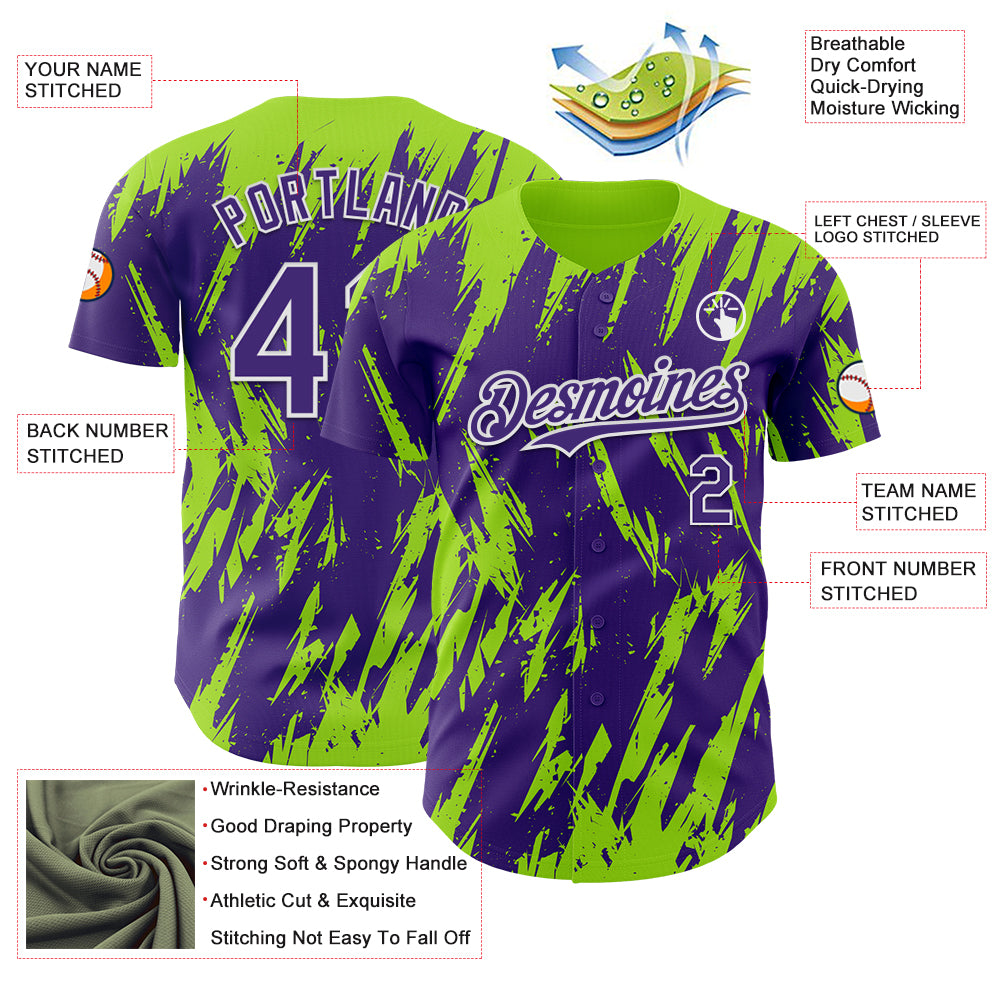 Custom Purple White-Neon Green Splatter Torn Sharp Brush Stroke Authentic Baseball Jersey