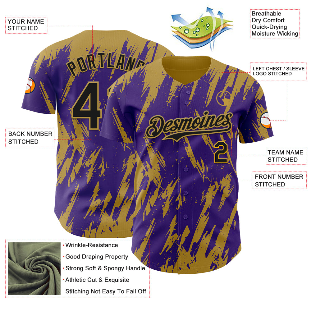 Custom Purple Old Gold Splatter Torn Sharp Brush Stroke Authentic Baseball Jersey