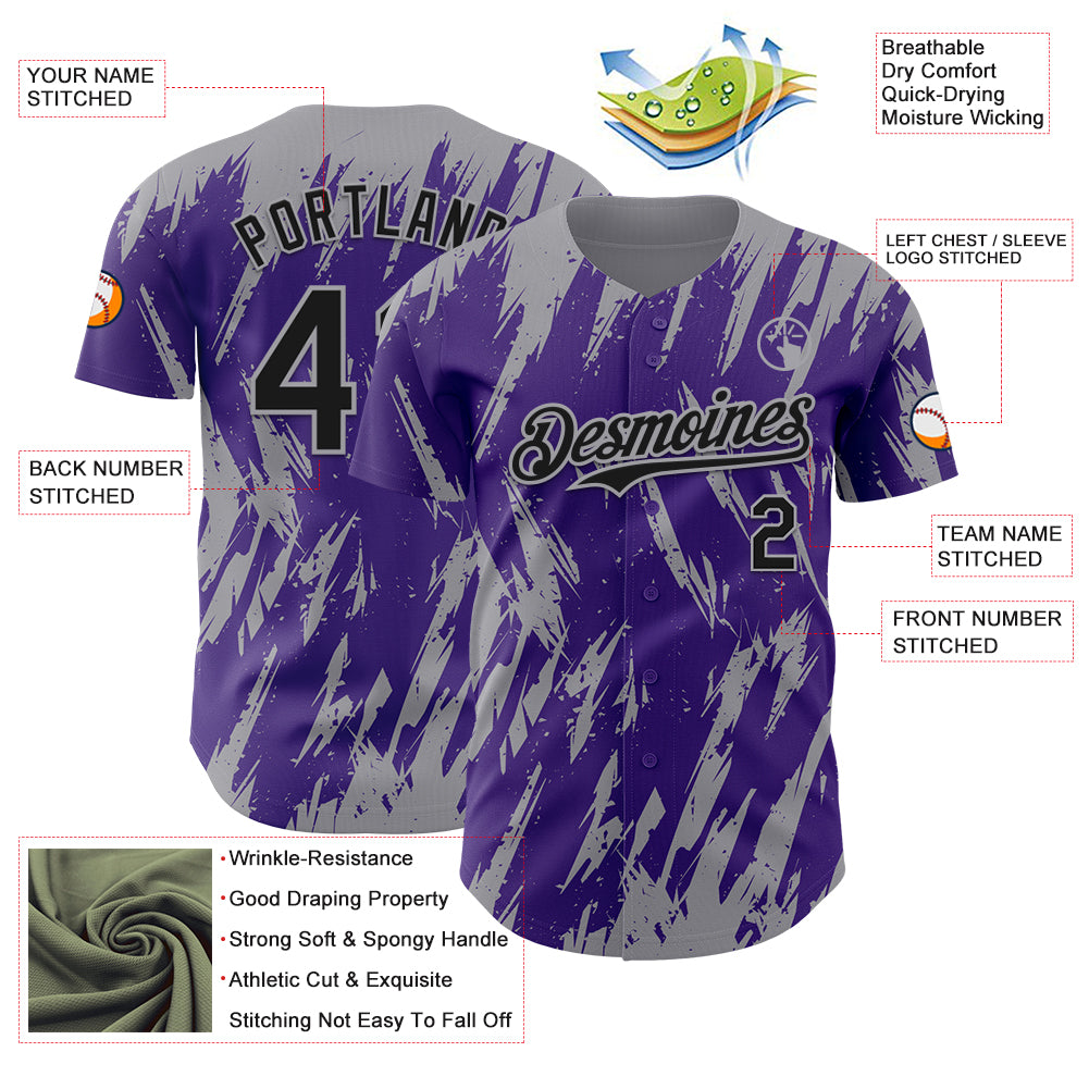 Custom Purple Gray Splatter Torn Sharp Brush Stroke Authentic Baseball Jersey