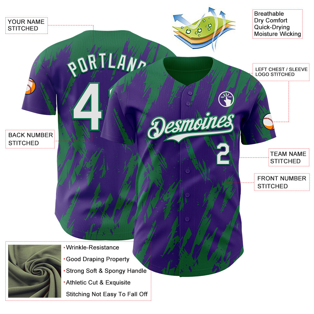 Custom Purple White-Kelly Green Splatter Torn Sharp Brush Stroke Authentic Baseball Jersey