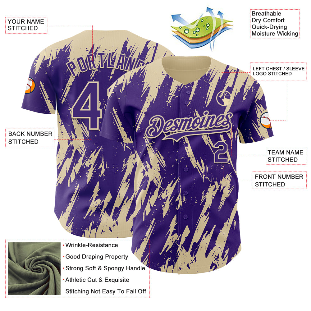 Custom Purple Cream Splatter Torn Sharp Brush Stroke Authentic Baseball Jersey