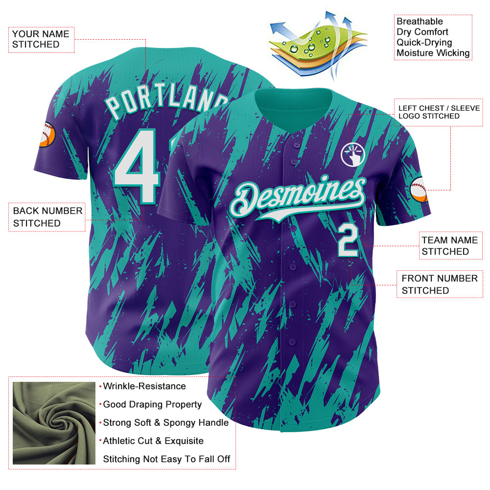Custom Purple White-Aqua Splatter Torn Sharp Brush Stroke Authentic Baseball Jersey