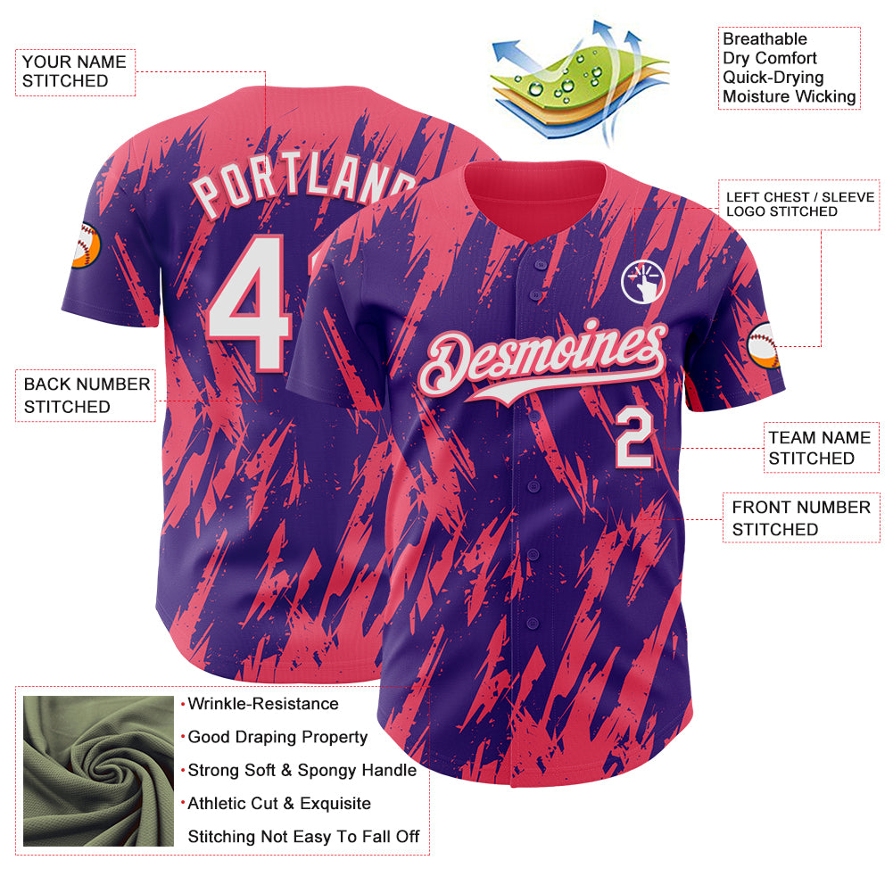 Custom Purple White-Neon Pink Splatter Torn Sharp Brush Stroke Authentic Baseball Jersey
