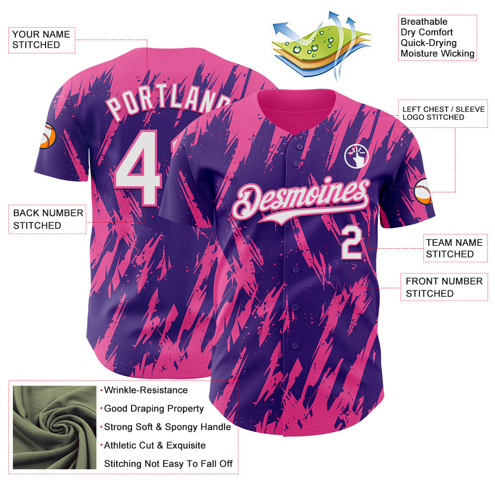 Custom Purple White-Pink Splatter Torn Sharp Brush Stroke Authentic Baseball Jersey