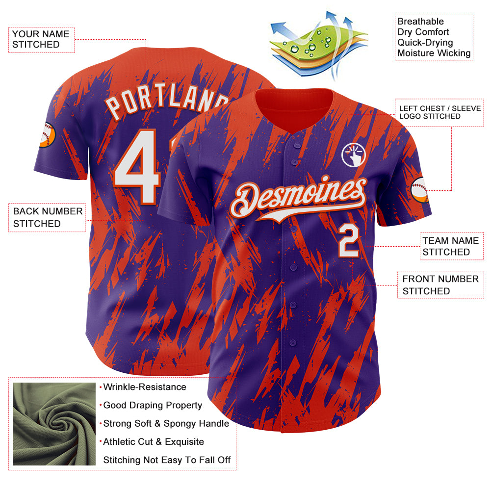 Custom Purple White-Orange Splatter Torn Sharp Brush Stroke Authentic Baseball Jersey