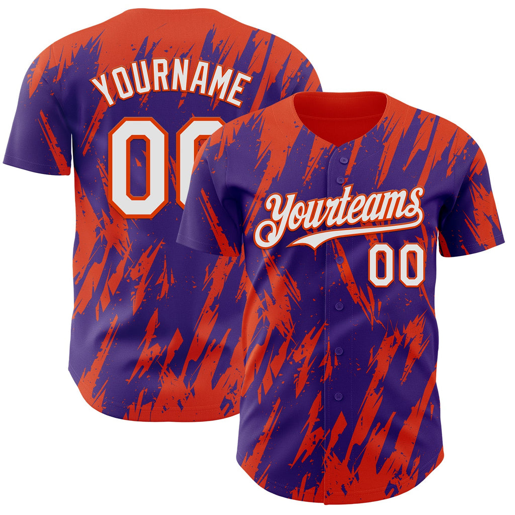 Custom Purple White-Orange Splatter Torn Sharp Brush Stroke Authentic Baseball Jersey