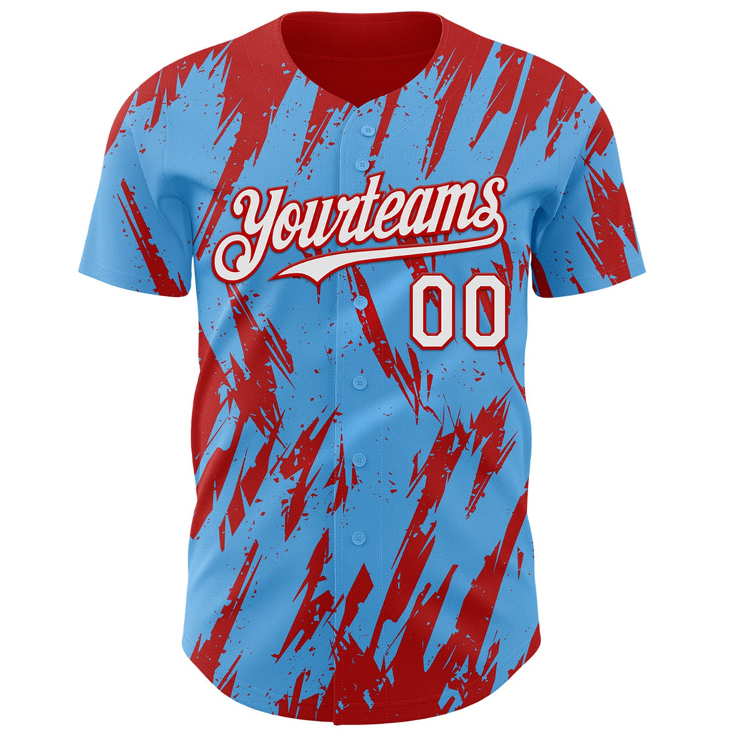 Custom Sky Blue White-Red Splatter Torn Sharp Brush Stroke Authentic Baseball Jersey