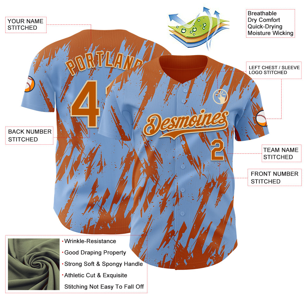 Custom Light Blue Bay Orange-Cream Splatter Torn Sharp Brush Stroke Authentic Baseball Jersey