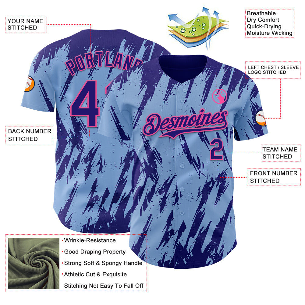 Custom Light Blue Dark Purple-Pink Splatter Torn Sharp Brush Stroke Authentic Baseball Jersey