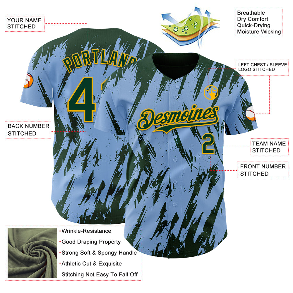 Custom Light Blue Green-Gold Splatter Torn Sharp Brush Stroke Authentic Baseball Jersey