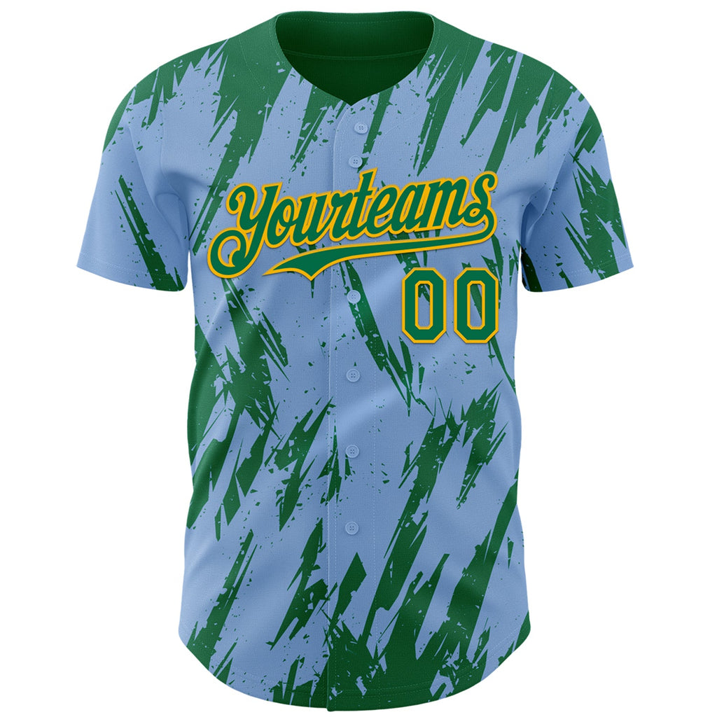 Custom Light Blue Kelly Green-Gold Splatter Torn Sharp Brush Stroke Authentic Baseball Jersey
