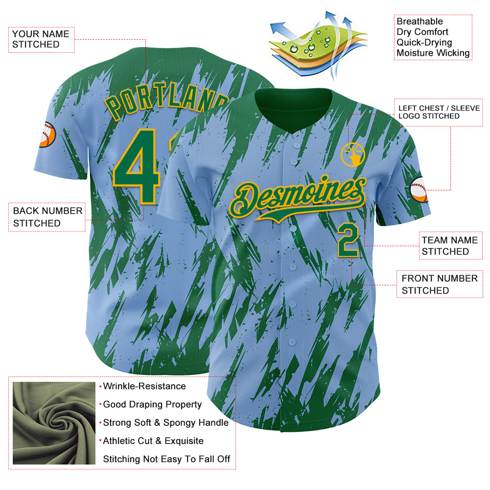 Custom Light Blue Kelly Green-Gold Splatter Torn Sharp Brush Stroke Authentic Baseball Jersey
