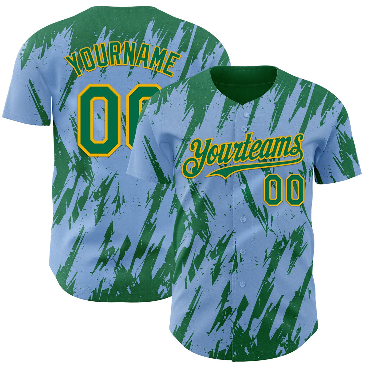 Custom Light Blue Kelly Green-Gold Splatter Torn Sharp Brush Stroke Authentic Baseball Jersey