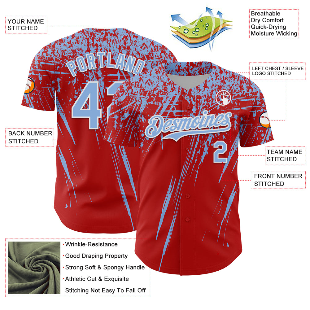 Custom Red Light Blue-White Distressed Scratch Brush Stroke Authentic Baseball Jersey