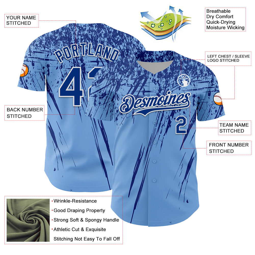 Custom Light Blue Royal-White Distressed Scratch Brush Stroke Authentic Baseball Jersey