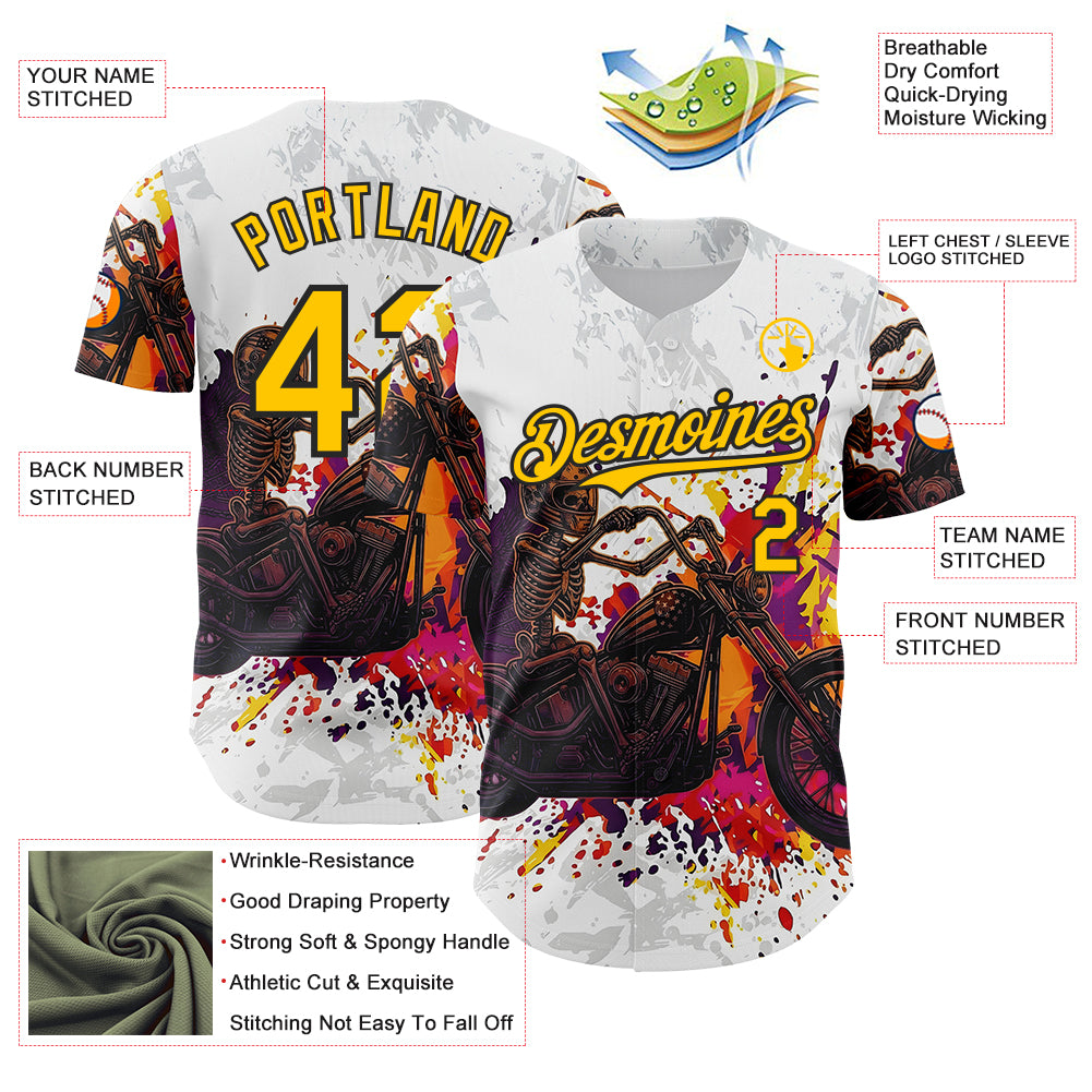 Custom White Yellow-Black 3D Pattern Design Motorcycle Motocross Skull Authentic Baseball Jersey