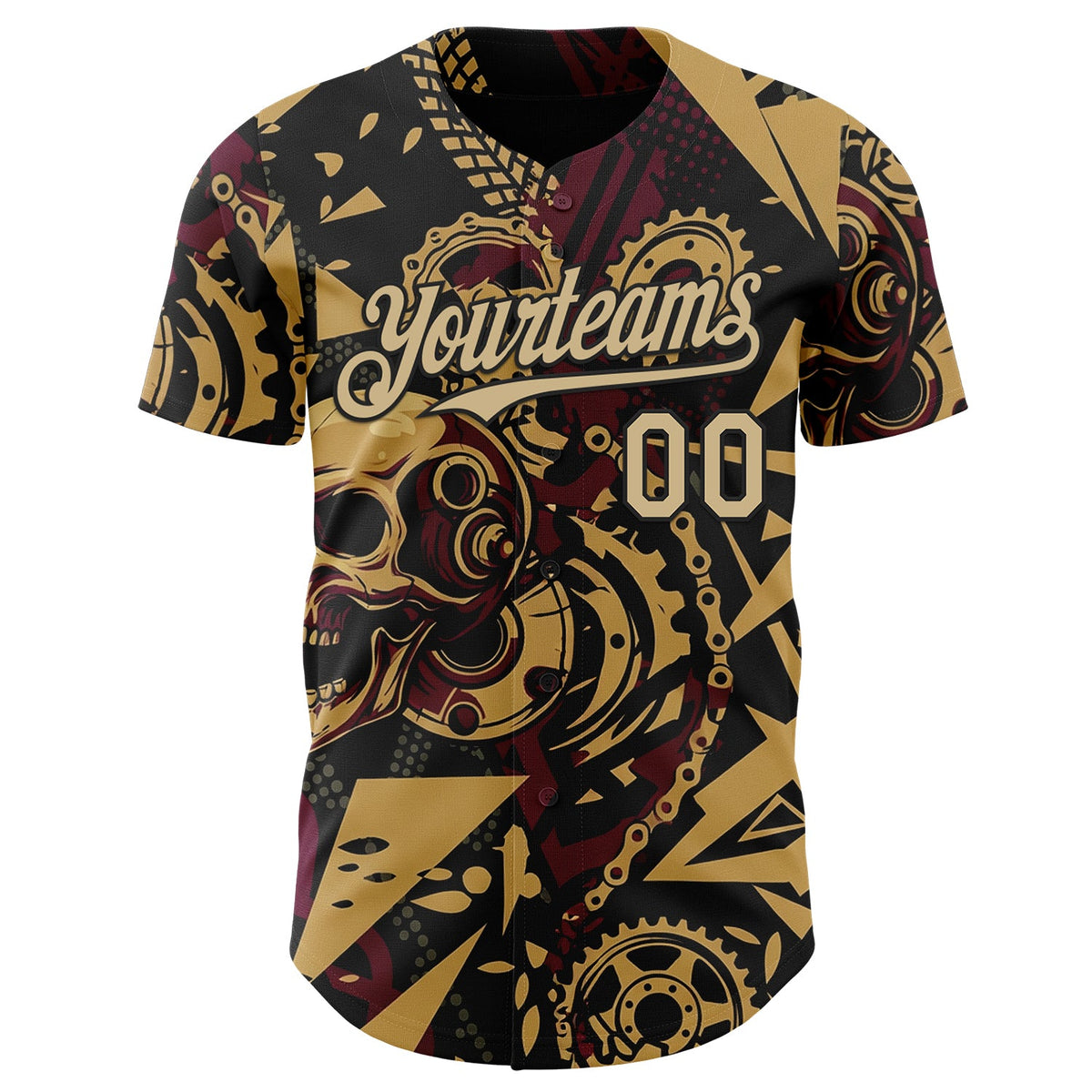 Custom Black Vegas Gold Old Gold-Red 3D Pattern Design Motorcycle Motocross Skull Authentic Baseball Jersey