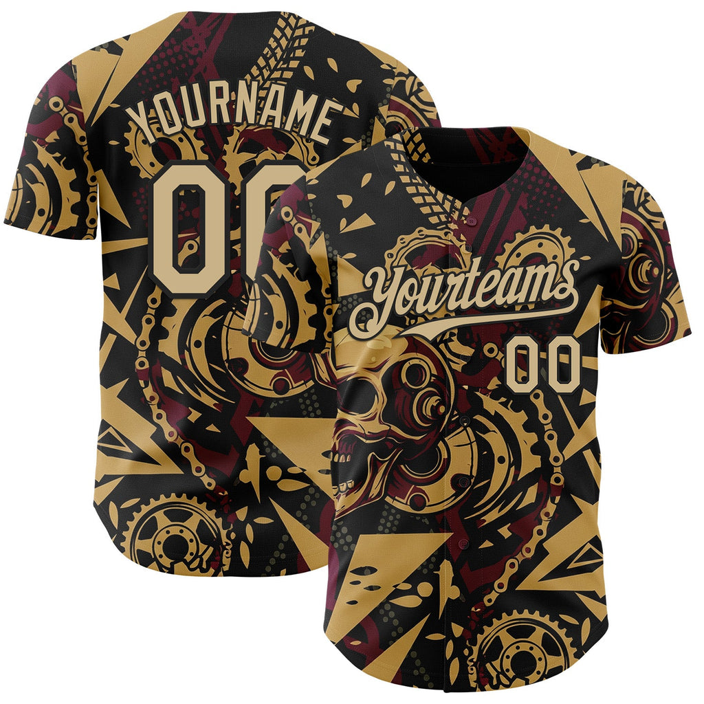 Custom Black Vegas Gold Old Gold-Red 3D Pattern Design Motorcycle Motocross Skull Authentic Baseball Jersey