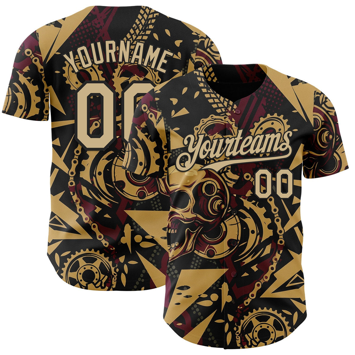 Custom Black Vegas Gold Old Gold-Red 3D Pattern Design Motorcycle Motocross Skull Authentic Baseball Jersey