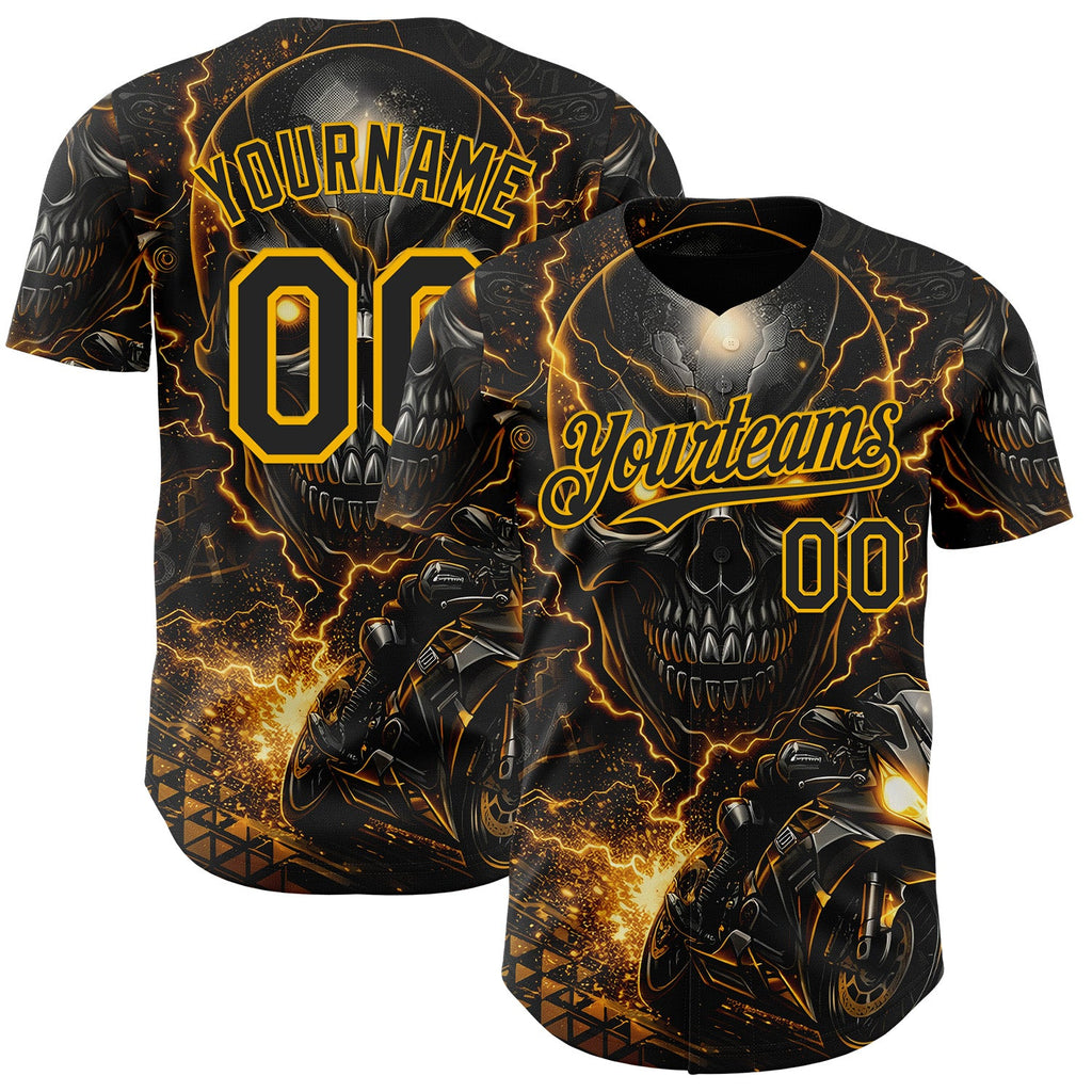 Custom Black-Gold 3D Pattern Design Motorcycle Motocross Skull Authentic Baseball Jersey