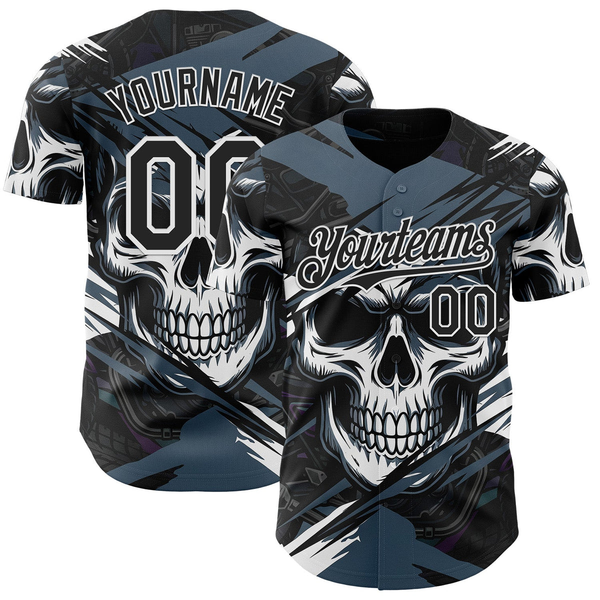 Custom Black Blue-White 3D Pattern Design Motorcycle Motocross Skull Authentic Baseball Jersey