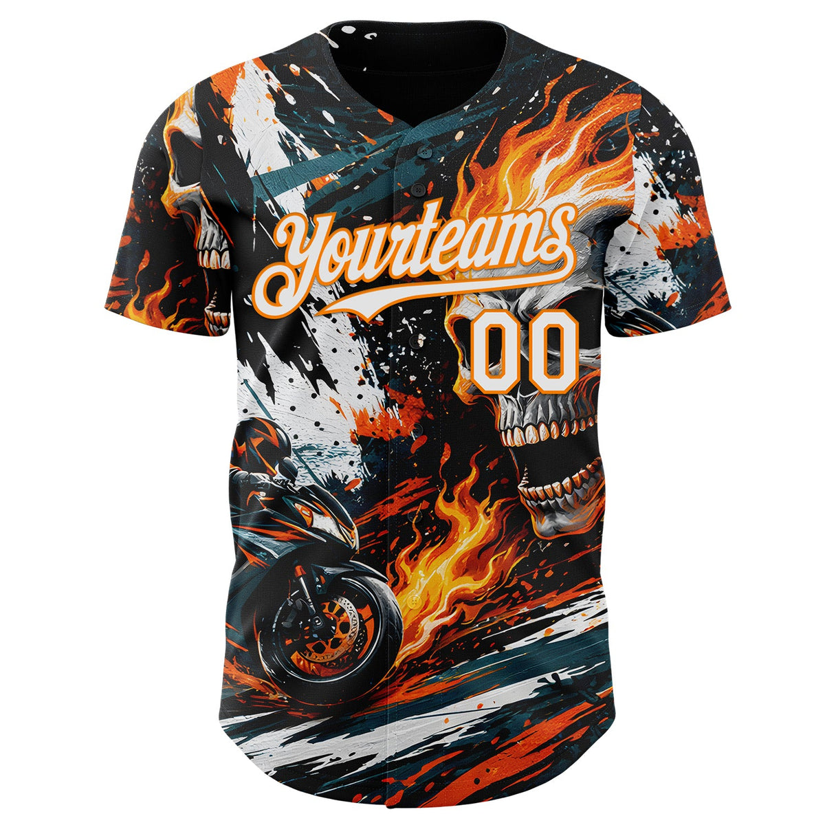 Custom Black White Red-Bay Orange 3D Pattern Design Motorcycle Motocross Skull Flame Authentic Baseball Jersey
