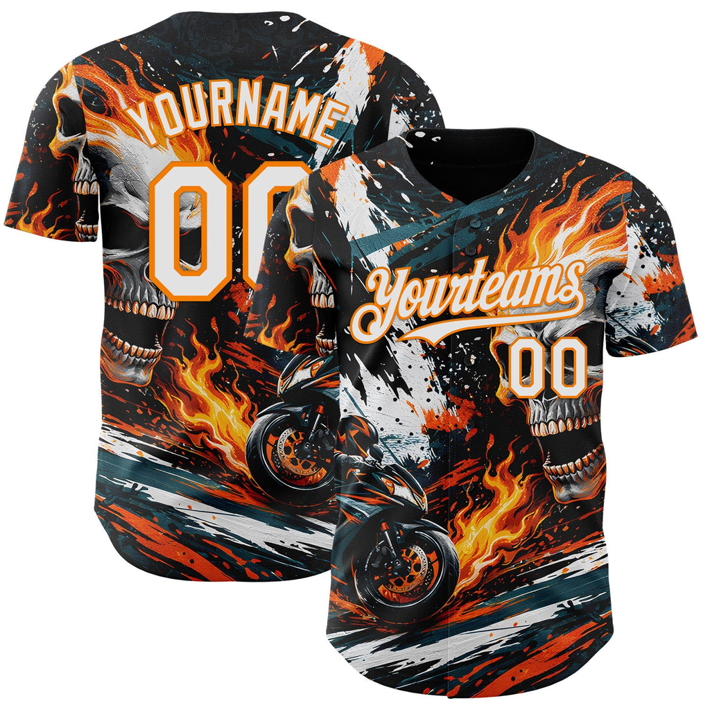 Custom Black White Red-Bay Orange 3D Pattern Design Motorcycle Motocross Skull Flame Authentic Baseball Jersey