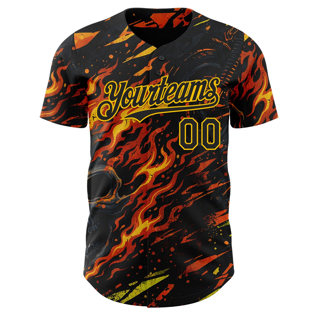 Custom Black Red-Yellow 3D Pattern Design Motorcycle Motocross Skull Flame Authentic Baseball Jersey